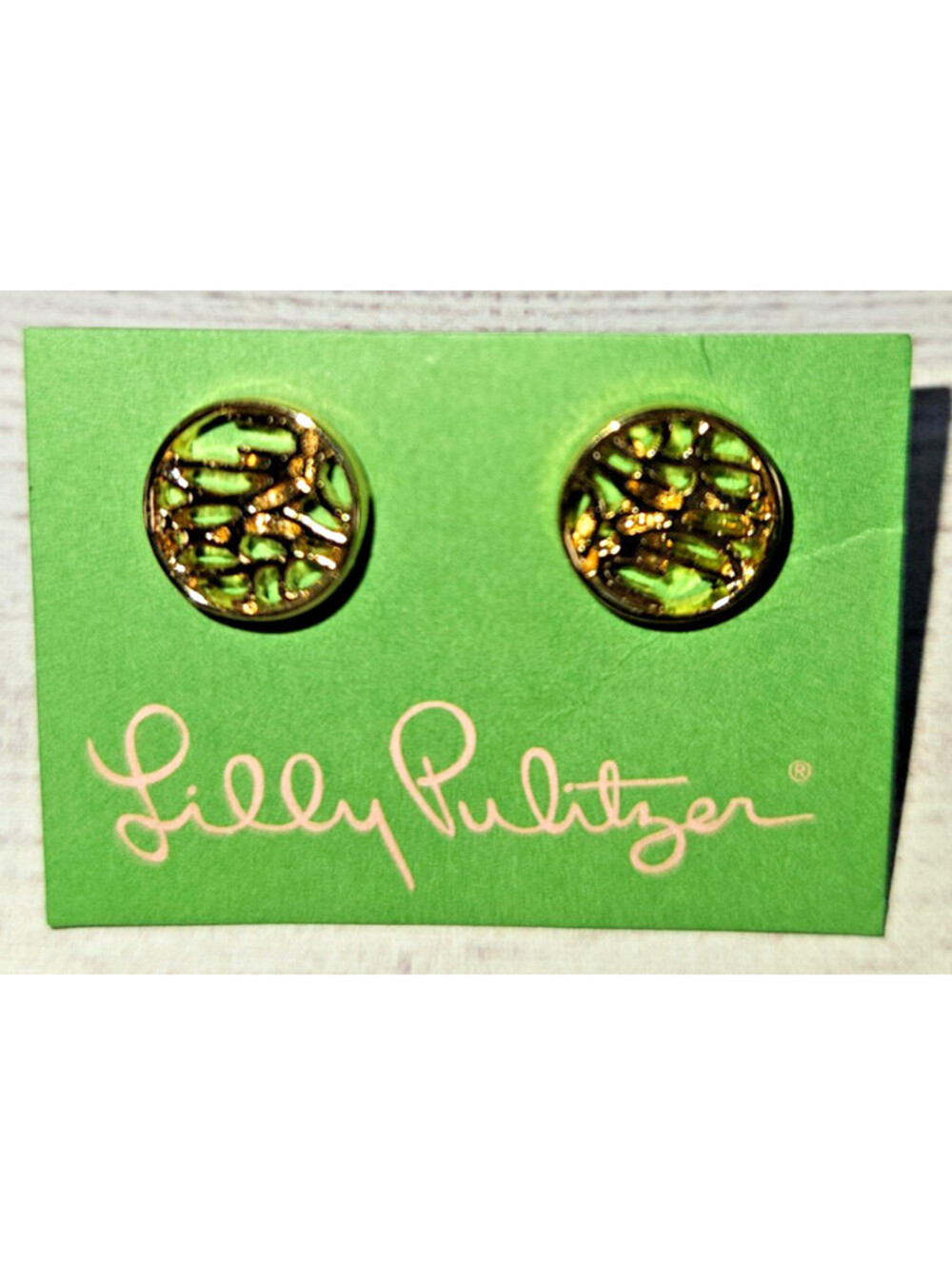 Lilly Pulitzer gold-tone circular stud earrings w/open cut-out filigree pattern